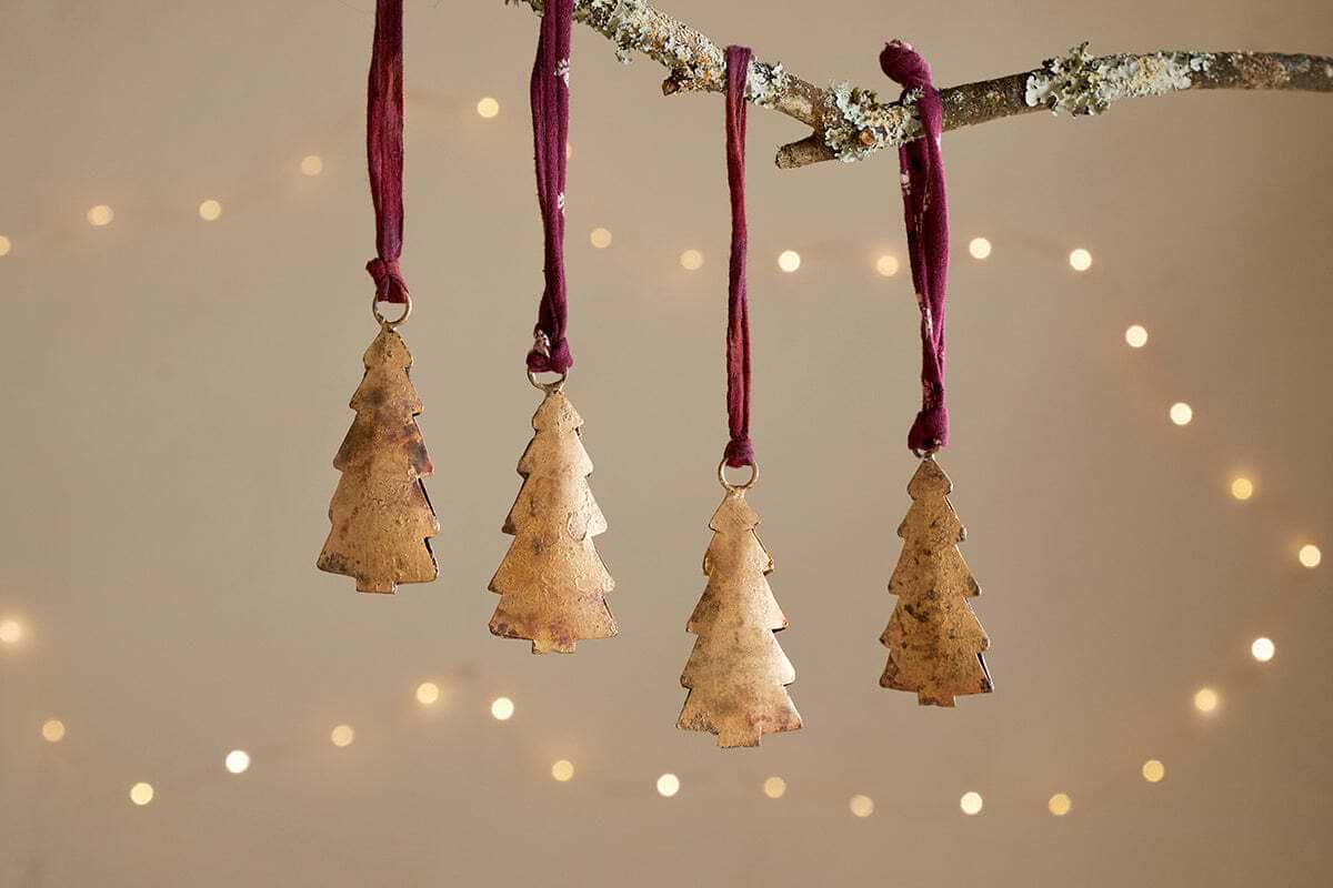 Mishti Tree Baubles - Antique Brass - Small (Set of 4)-CHRISTMAS DECORATIONS-Nkuku