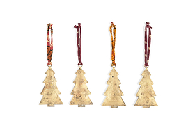 The nkuku Mishti Tree Baubles - Antique Brass - Large (Set of 4) features rustic gold-finished metal ornaments, each with a unique patterned fabric ribbon loop, creating a charming festive display against a white backdrop.