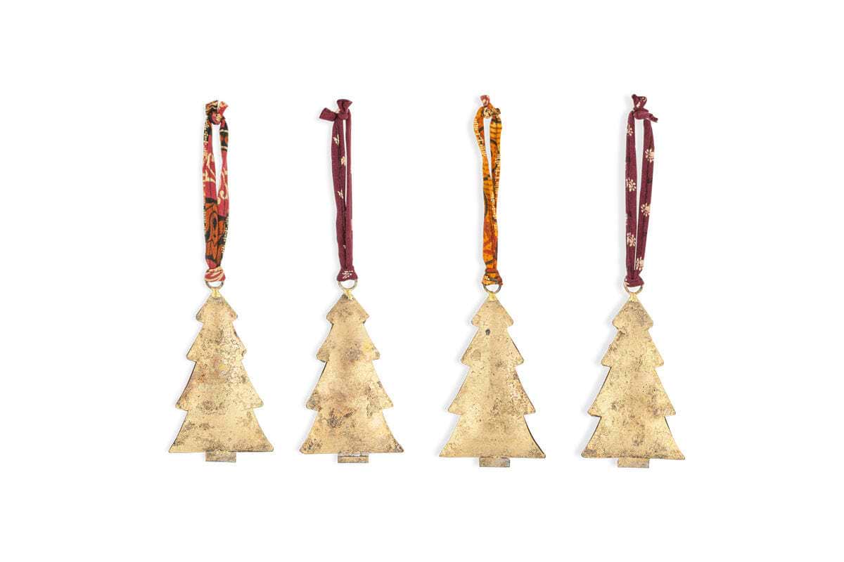 The nkuku Mishti Tree Baubles - Antique Brass - Large (Set of 4) features rustic gold-finished metal ornaments, each with a unique patterned fabric ribbon loop, creating a charming festive display against a white backdrop.