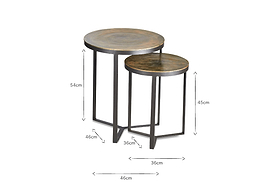 The nkuku Maba Nesting Side Tables feature sturdy black metal frames and rustic Maba wood tops. Perfect as end or coffee tables, their dimensions are clearly shown for reference.