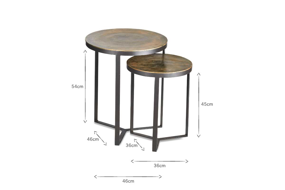 The nkuku Maba Nesting Side Tables feature sturdy black metal frames and rustic Maba wood tops. Perfect as end or coffee tables, their dimensions are clearly shown for reference.