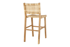 The Madrisana Acacia & Rattan Bar Stool by nkuku features a woven rattan backrest and seat, four straight legs in a natural wood finish, and a tight light-colored weave—combining sustainability and comfort with elegant design.