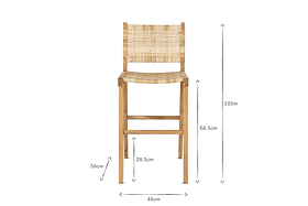 Front view of nkuku’s Madrisana Acacia & Rattan Bar Stool with straight legs. Dimensions shown: total height 105 cm, seat height 68.5 cm, leg height 56 cm, seat depth 28.5 cm, and seat width 46 cm; arrows indicate each measurement.