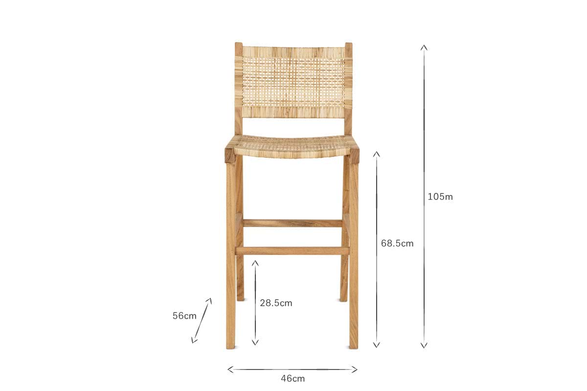Front view of nkuku’s Madrisana Acacia & Rattan Bar Stool with straight legs. Dimensions shown: total height 105 cm, seat height 68.5 cm, leg height 56 cm, seat depth 28.5 cm, and seat width 46 cm; arrows indicate each measurement.