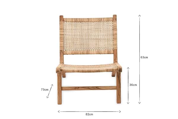 The Madrisana Acacia & Rattan Woven Chair by nkuku features a reclining seat, cane back and seat, and is crafted from acacia wood. Dimensions: H63cm, SH36cm, W82cm, D73cm.