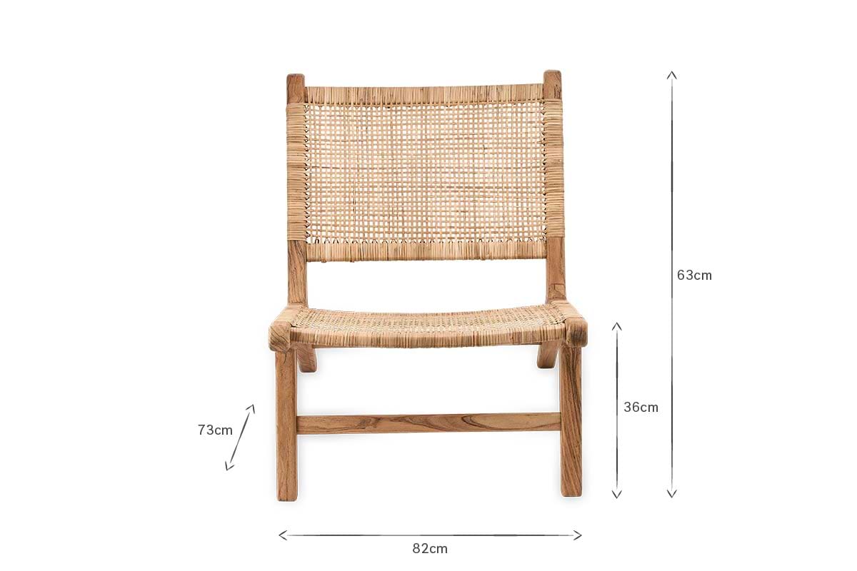 The Madrisana Acacia & Rattan Woven Chair by nkuku features a reclining seat, cane back and seat, and is crafted from acacia wood. Dimensions: H63cm, SH36cm, W82cm, D73cm.