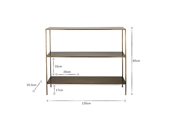 The Mahi Console Table by nkuku features a slim brass-colored frame and dark shelves. Measuring 120 cm wide, 85 cm tall, and 35.5 cm deep, it’s a stylish choice for use as a hallway sideboard or elegant display piece.