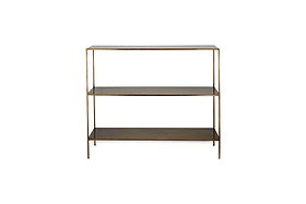The nkuku Mahi Console Table features a minimalist three-tier design with a slim gold-colored frame and dark rectangular shelves, creating elegant contrast and slender legs that enhance any space.