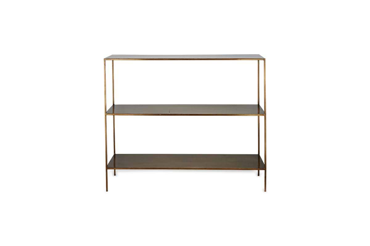 The nkuku Mahi Console Table features a minimalist three-tier design with a slim gold-colored frame and dark rectangular shelves, creating elegant contrast and slender legs that enhance any space.