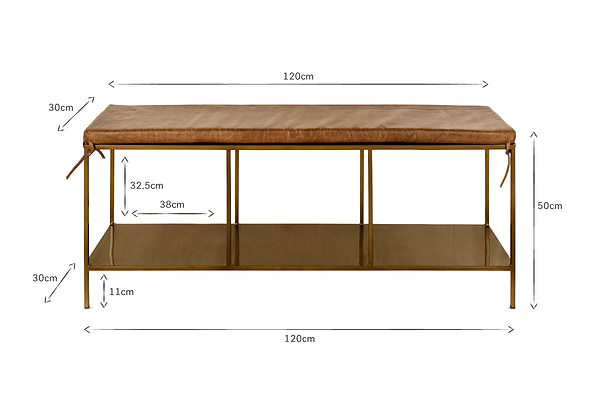 The nkuku Mahi Iron & Leather Bench features a tanned leather seat, brass-finished iron frame, and lower shelf—perfect for hallways. Size: 120cm L x 50cm H; seat depth 30cm, seat height 32.5cm, shelf depth 38cm, shelf height 11cm.
