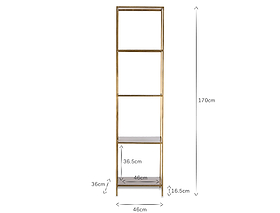 The nkuku Mahi Shelving Unit - Narrow is a tall brass shelf with four tiers, measuring 170cm high, 46cm wide, with shelves at 36.5cm height and 16.5cm depth—ideal for stylish, practical storage.