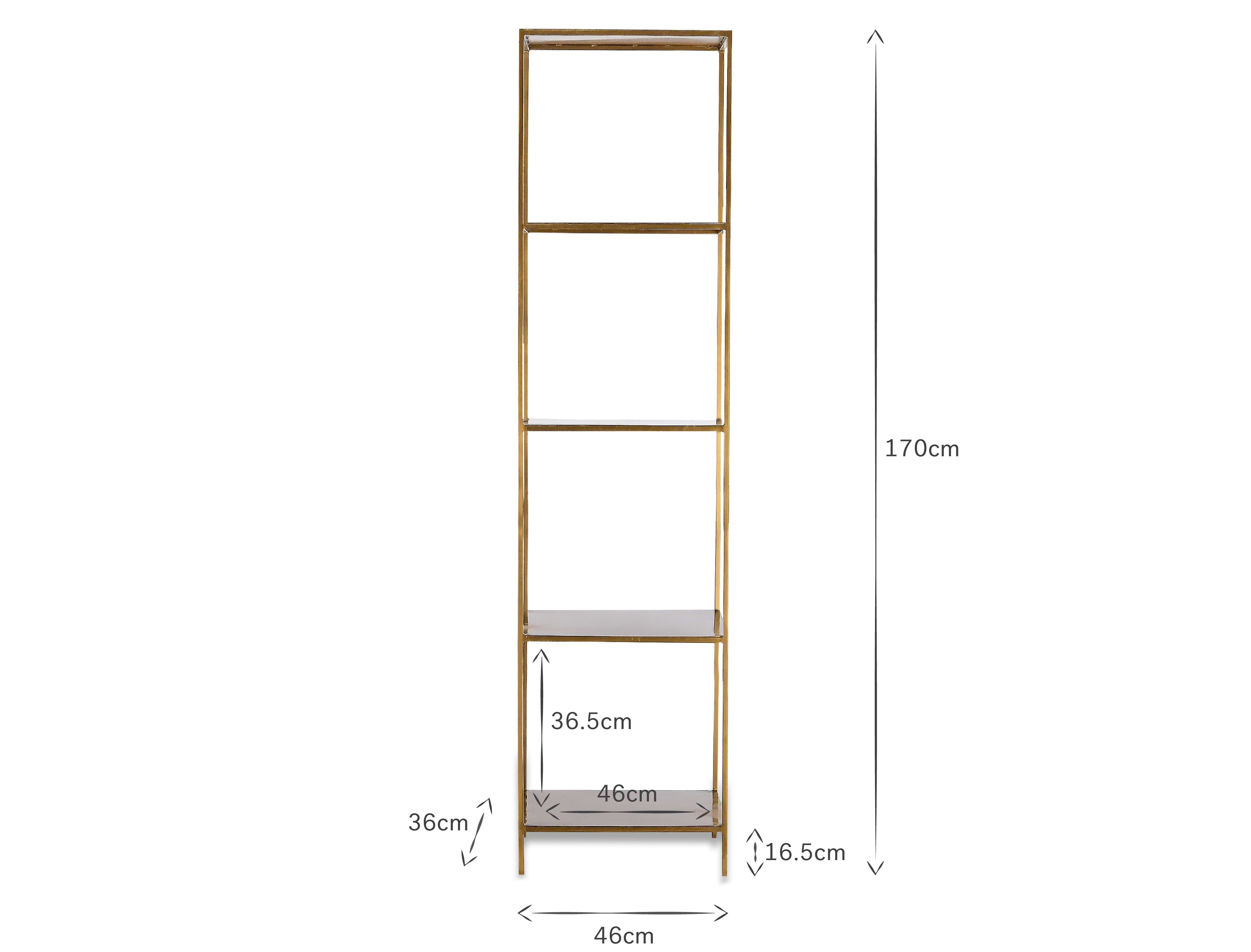 The nkuku Mahi Shelving Unit - Narrow is a tall brass shelf with four tiers, measuring 170cm high, 46cm wide, with shelves at 36.5cm height and 16.5cm depth—ideal for stylish, practical storage.