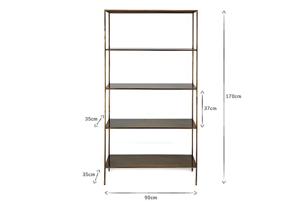 The nkuku Mahi Shelving Unit - Wide is an open metal bookshelf with a wooden finish, four rectangular shelves spaced 35 cm apart (37 cm above the third), and overall dimensions of 170 cm height and 90 cm width. Perfect for storage.