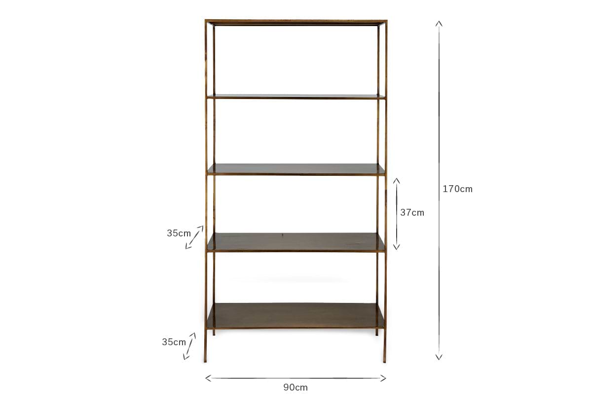The nkuku Mahi Shelving Unit - Wide is an open metal bookshelf with a wooden finish, four rectangular shelves spaced 35 cm apart (37 cm above the third), and overall dimensions of 170 cm height and 90 cm width. Perfect for storage.