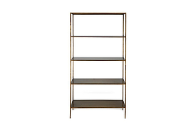 The Mahi Shelving Unit - Wide by nkuku features a broad, metallic bronze frame with dark, reflective shelves—ideal for stylish storage and display in contemporary spaces.