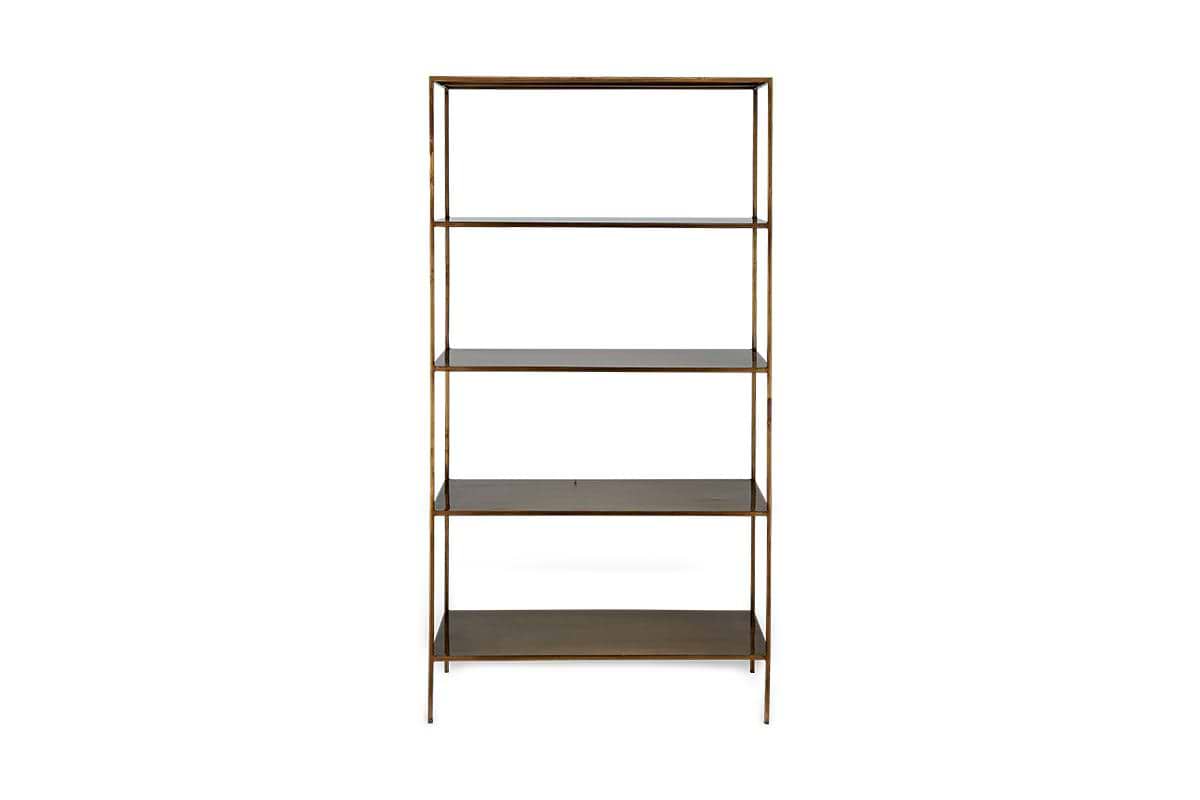 The Mahi Shelving Unit - Wide by nkuku features a broad, metallic bronze frame with dark, reflective shelves—ideal for stylish storage and display in contemporary spaces.