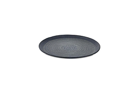 The Mahika Tray - Black by nkuku is a round, dark aluminum tray featuring a hand-etched dotted pattern in concentric circles, a raised rim, and a sleek black finish for a modern decorative touch. Photographed against a plain white background.