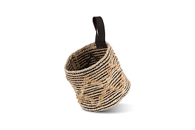 The Mannu Cotton & Hemp Wall Hung Basket by nkuku features a small, round shape in natural beige and black, with a looped fabric handle for hanging and a textured spiral weave—perfect as a stylish cotton and hemp storage basket.