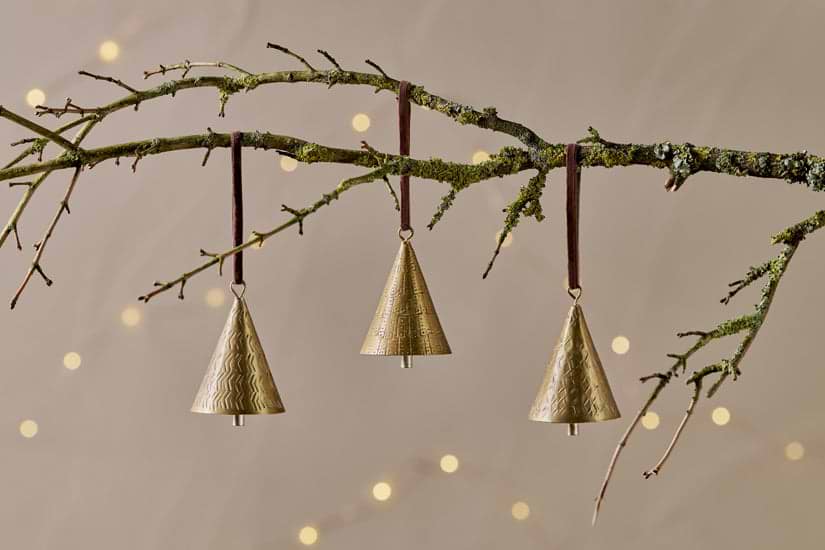 Manya Metal Bell Baubles - Brass - (Set of 3)-CHRISTMAS DECORATIONS-Nkuku