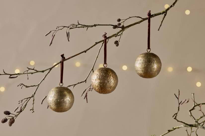 Manya Metal Round Baubles - Brass - (Set of 3)-CHRISTMAS DECORATIONS-Nkuku