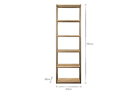 The nkuku Marjori Mango Wood and Iron Standing Shelves - Narrow is a tall, rectangular bookshelf with a slimline design, featuring five shelves spaced 38 cm apart. It stands 190 cm high and 60 cm wide, shown empty against a white background.