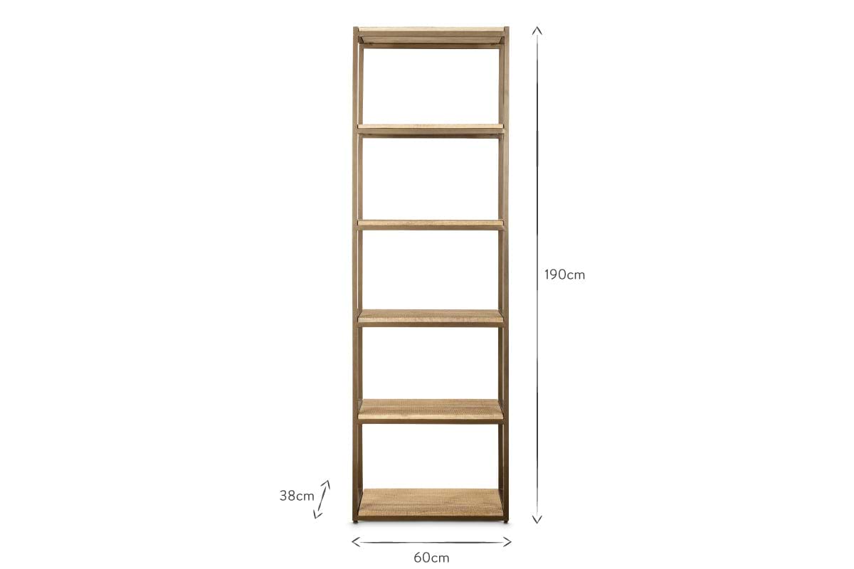 The nkuku Marjori Mango Wood and Iron Standing Shelves - Narrow is a tall, rectangular bookshelf with a slimline design, featuring five shelves spaced 38 cm apart. It stands 190 cm high and 60 cm wide, shown empty against a white background.