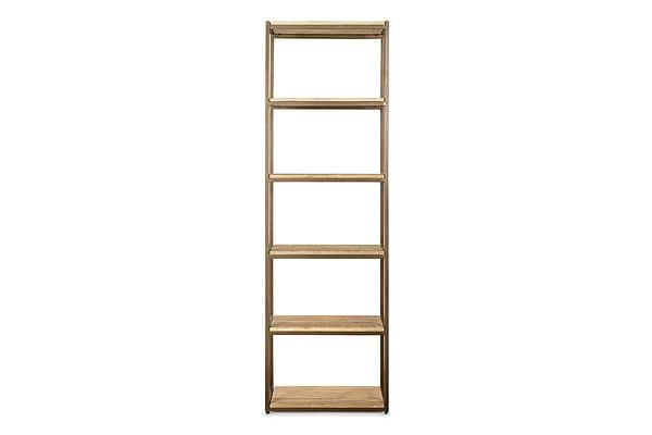 The nkuku Marjori Mango Wood And Iron Standing Shelves - Narrow is a tall, slimline bookcase with five natural mango wood shelves and a metal frame, ideal for saving space in compact areas.