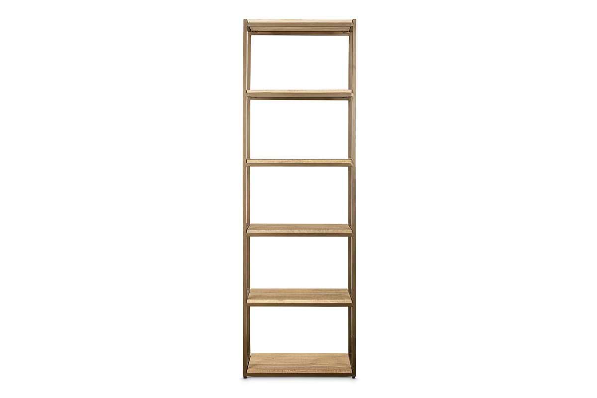 The nkuku Marjori Mango Wood And Iron Standing Shelves - Narrow is a tall, slimline bookcase with five natural mango wood shelves and a metal frame, ideal for saving space in compact areas.