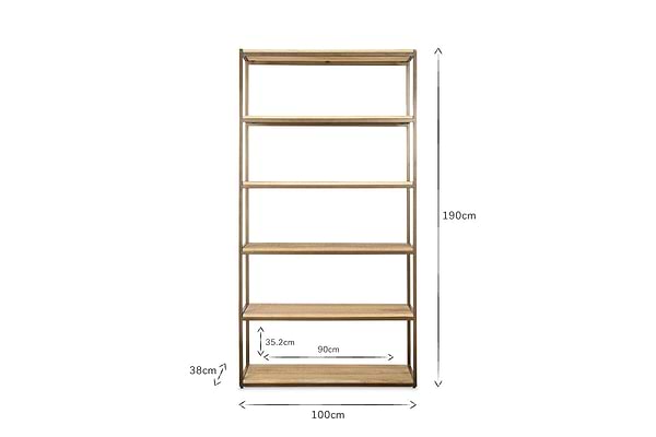 The nkuku Marjori Mango Wood And Iron Standing Shelves - Wide is shown head-on with five shelves. Dimensions: height 190 cm, width 100 cm; bottom shelf height 38 cm, with segments of 35.2 cm and 90 cm labeled on the bottom shelf.