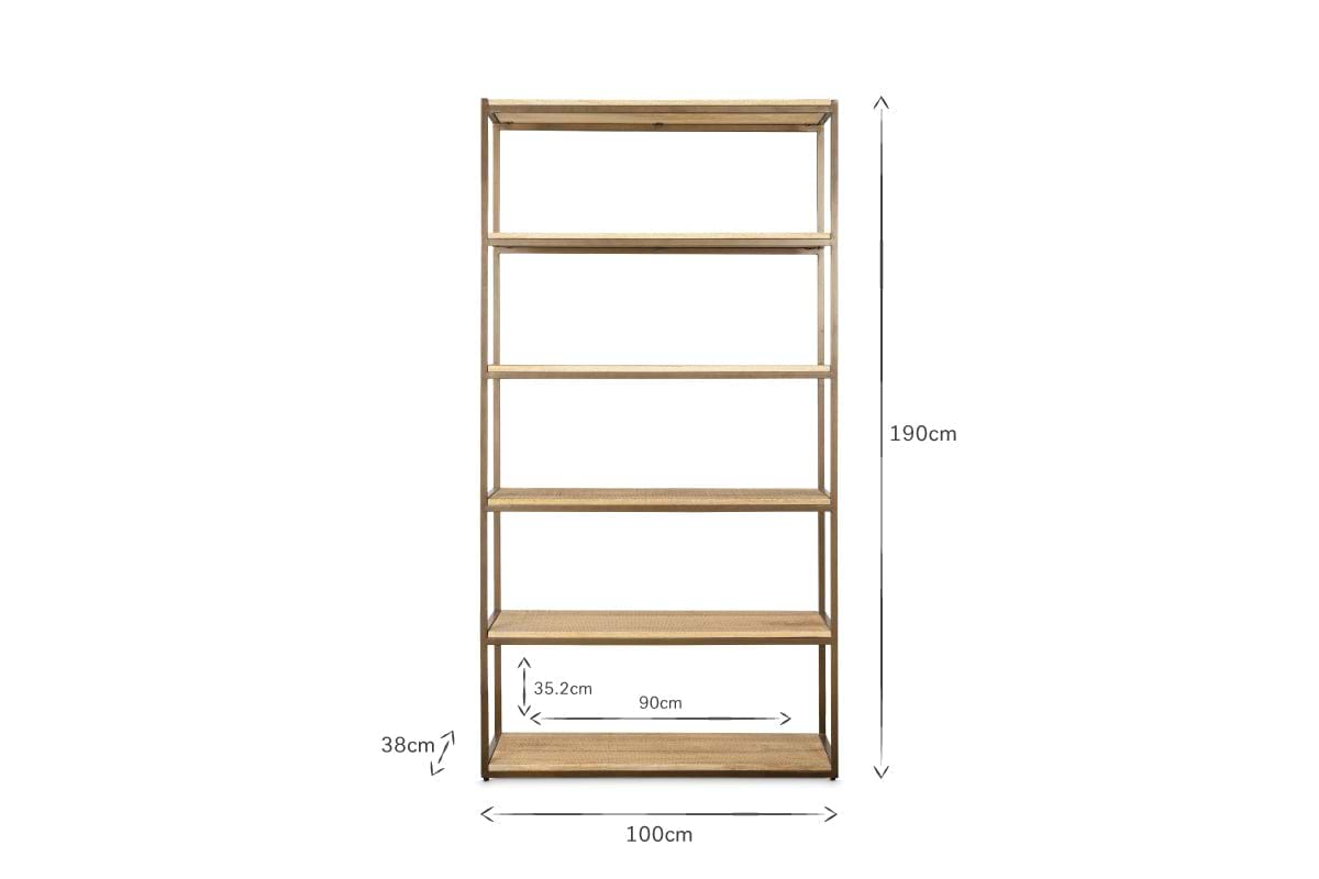 The nkuku Marjori Mango Wood And Iron Standing Shelves - Wide is shown head-on with five shelves. Dimensions: height 190 cm, width 100 cm; bottom shelf height 38 cm, with segments of 35.2 cm and 90 cm labeled on the bottom shelf.