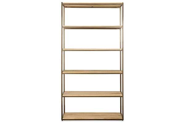 The nkuku Marjori Mango Wood And Iron Standing Shelves - Wide feature five evenly spaced mango wood shelves in a tall, minimal black metal frame, offering a modern and sustainable storage solution for any room.