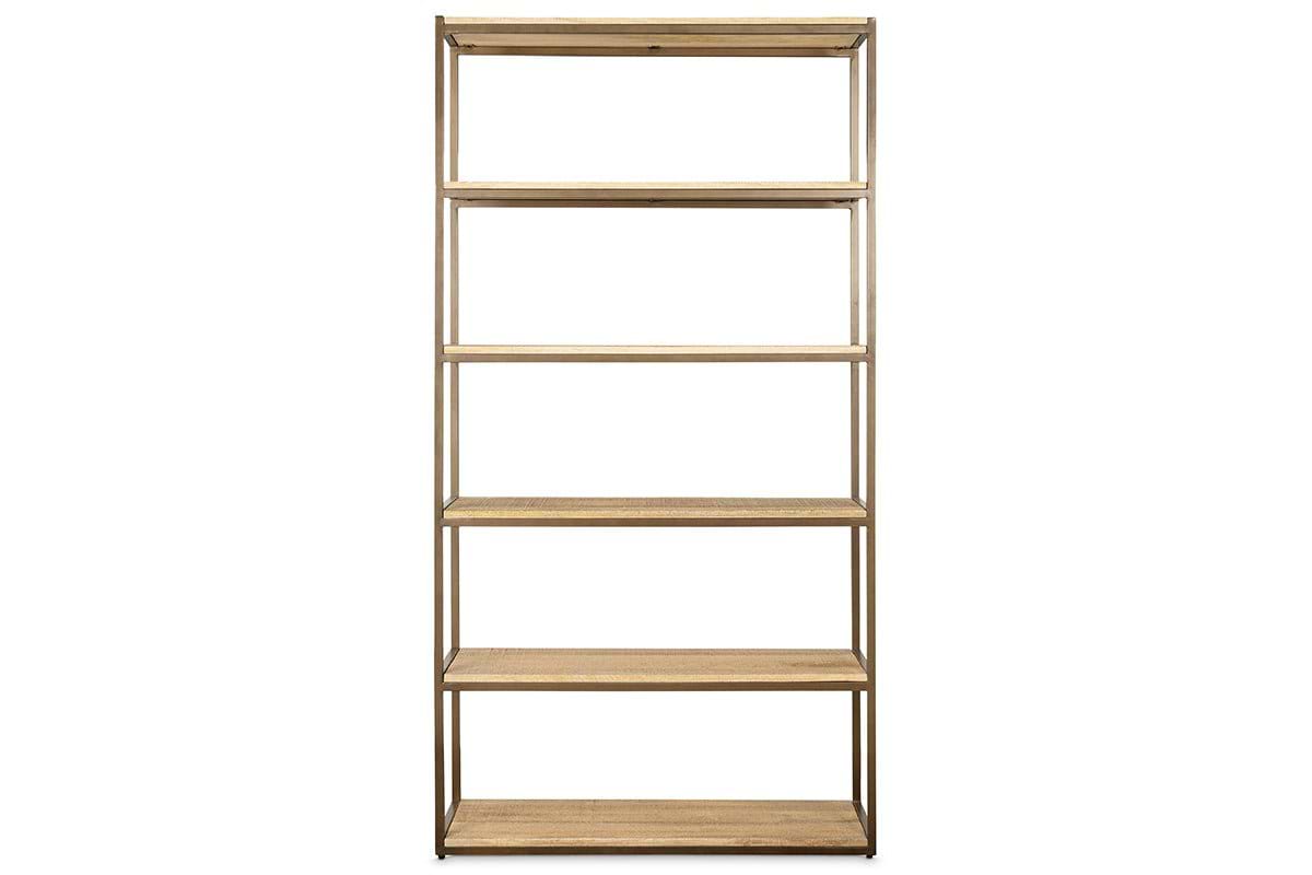 The nkuku Marjori Mango Wood And Iron Standing Shelves - Wide feature five evenly spaced mango wood shelves in a tall, minimal black metal frame, offering a modern and sustainable storage solution for any room.