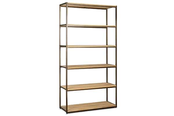 The nkuku Marjori Mango Wood And Iron Standing Shelves - Wide features five open shelves in a tall, rectangular design made from light mango wood and a minimalist metal frame—ideal for fans of modern, sustainable interiors.