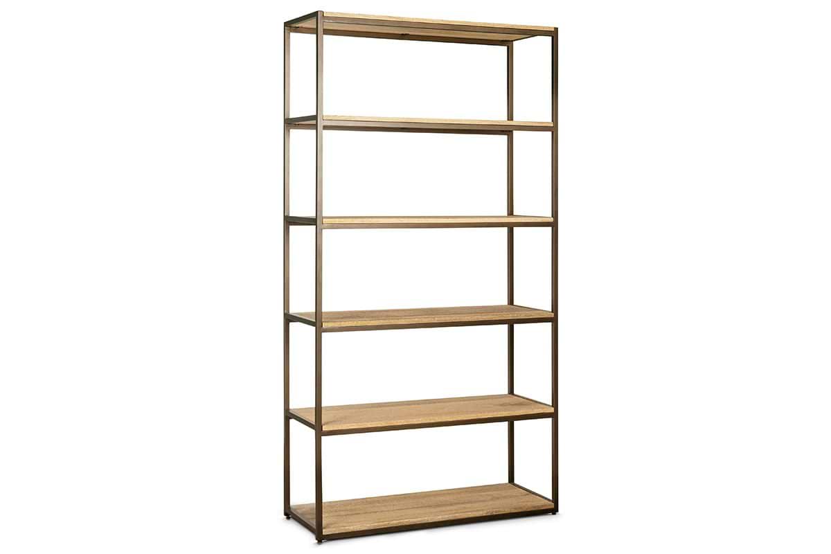 The nkuku Marjori Mango Wood And Iron Standing Shelves - Wide features five open shelves in a tall, rectangular design made from light mango wood and a minimalist metal frame—ideal for fans of modern, sustainable interiors.