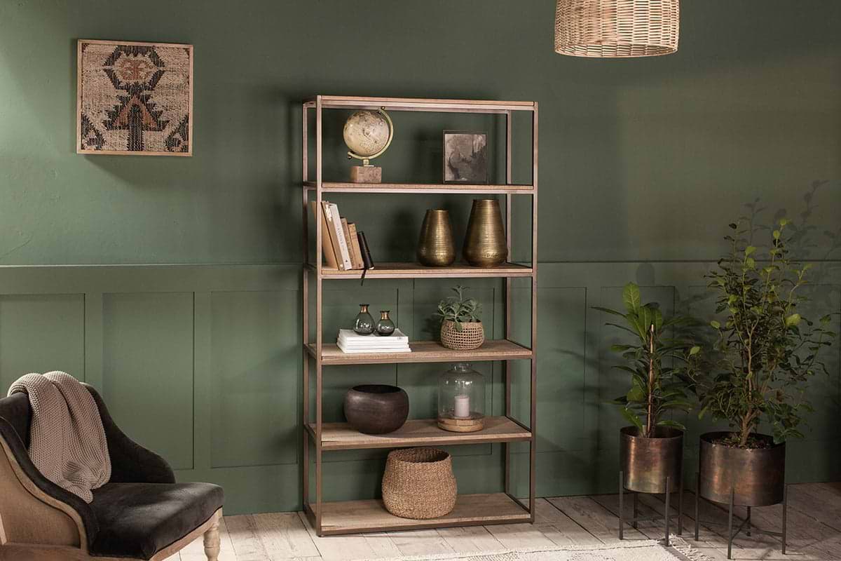 Marjori Mango Wood And Iron Standing Shelves - Wide-STORAGE FURNITURE-Nkuku