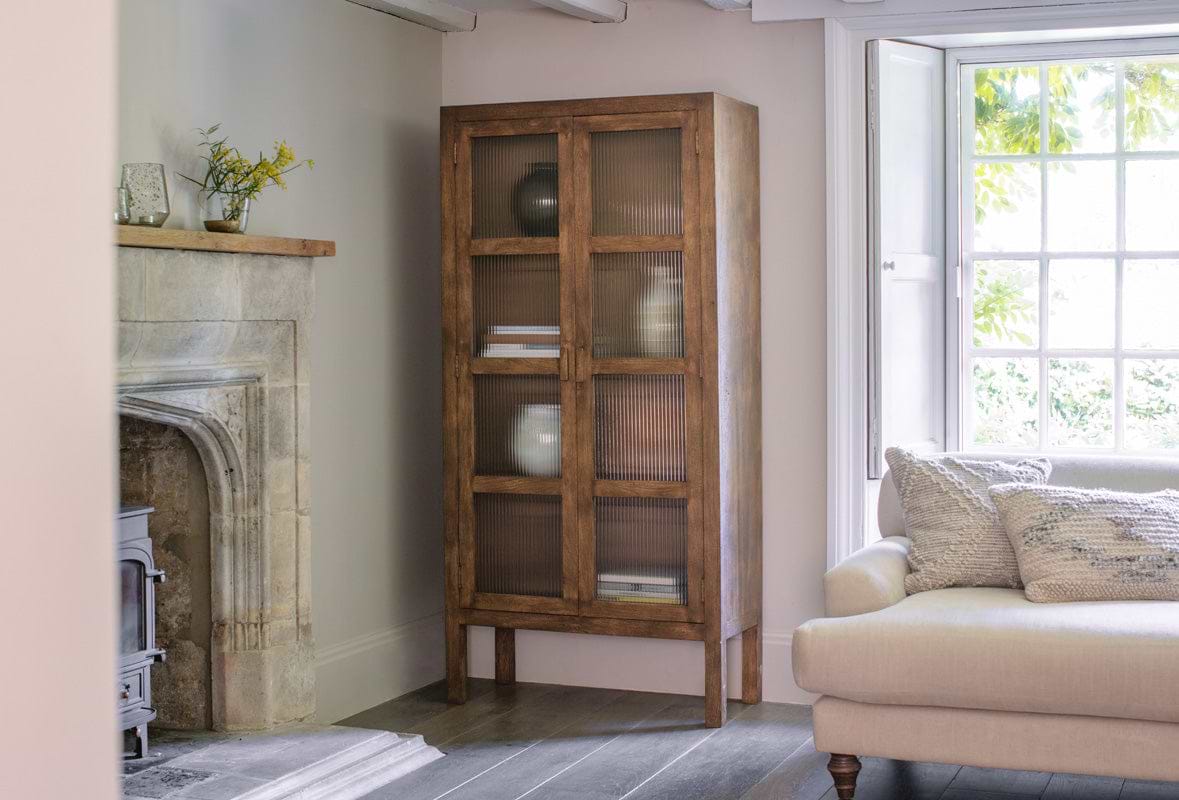 Mendani Mango Wood & Fluted Glass Cabinet - Walnut Stain-STORAGE FURNITURE-Nkuku