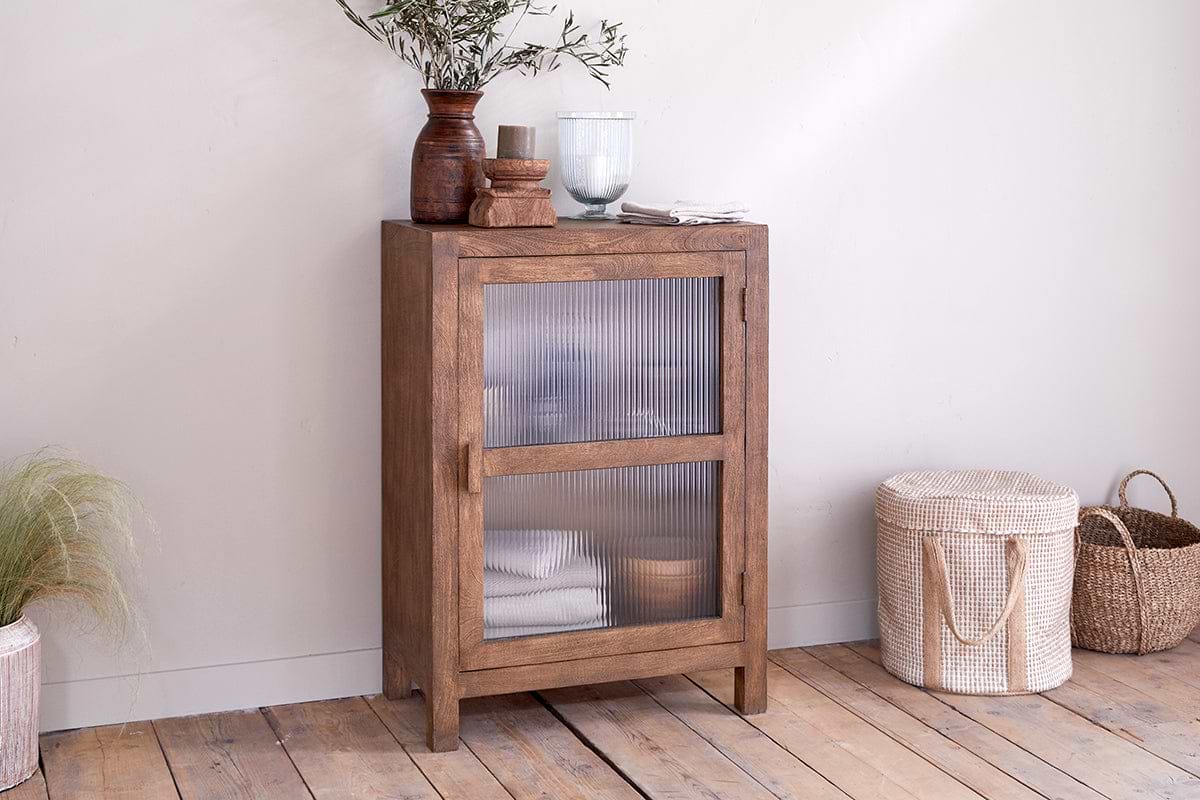Mendani Mango Wood & Fluted Glass Glass Low Cabinet - Walnut Stain-STORAGE FURNITURE-Nkuku
