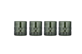 A set of four nkuku Mila Tumblers in Dark Emerald are arranged side by side on a white background. Each tumbler features etched detailing near the base, adding texture to their modern, minimalist design.