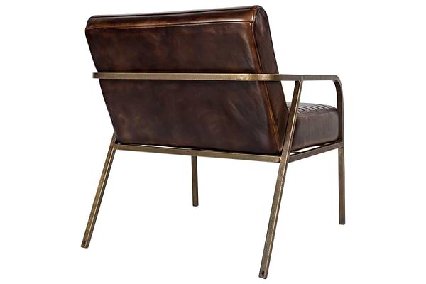 The Mirai Ribbed Leather Armchair by nkuku features buffalo leather, a slightly reclined backrest, and a sleek bronze-finished metal frame with slim armrests and legs, shown from the back and side against a white background.