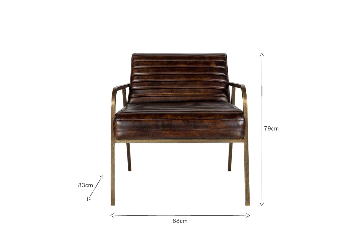 Front view of the Mirai Ribbed Leather Armchair by nkuku, featuring handmade buffalo leather with horizontal stitching and a cast iron frame, shown on a white background. Dimensions: 79 cm high, 68 cm wide, and 83 cm deep.