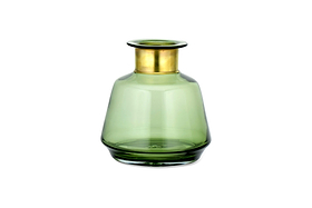 The nkuku Miza Glass Vase - Green is a small, translucent green vase with a wide body, narrow neck, and shiny gold rim, displayed against a plain white background.