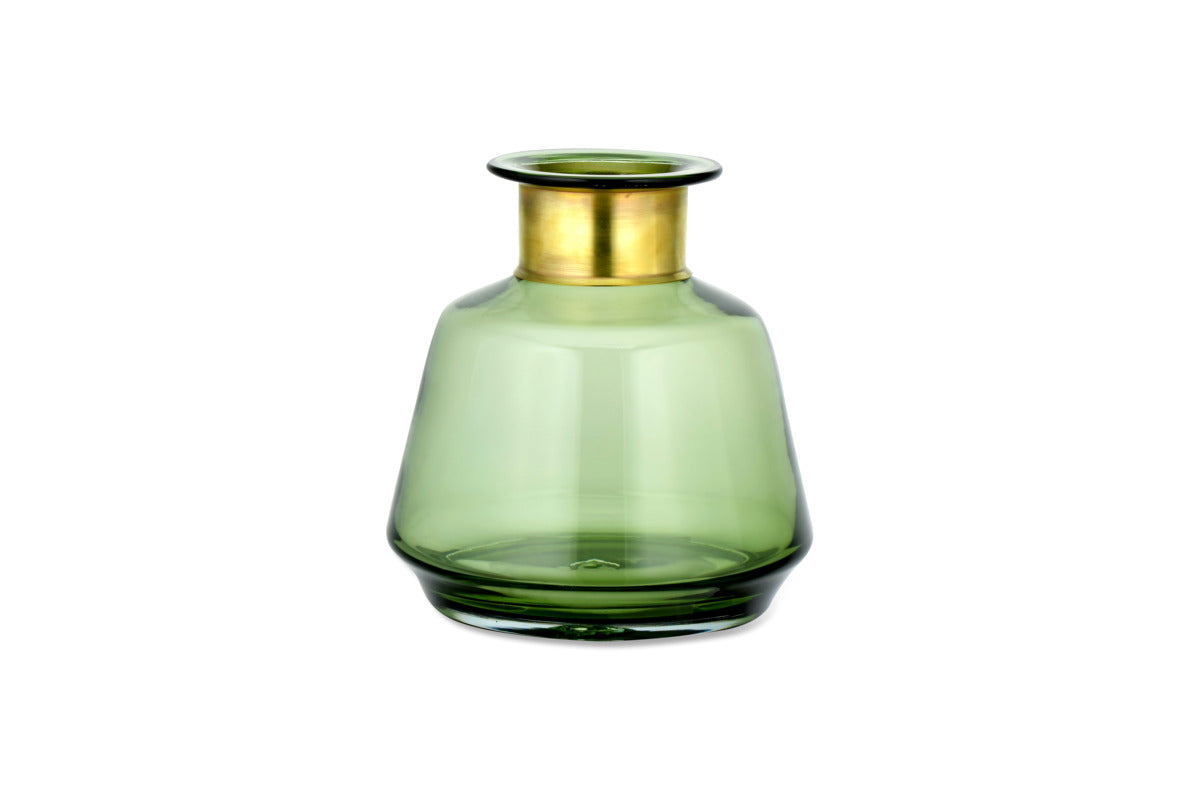 The nkuku Miza Glass Vase - Green is a small, translucent green vase with a wide body, narrow neck, and shiny gold rim, displayed against a plain white background.