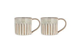 The Moda Mug - Natural (Set of 2) by nkuku features ceramic mugs with vertical ridges, a natural glaze in light grey and beige with brown accents, curved handles, and rounded rims—rustic drinkware on a white background.