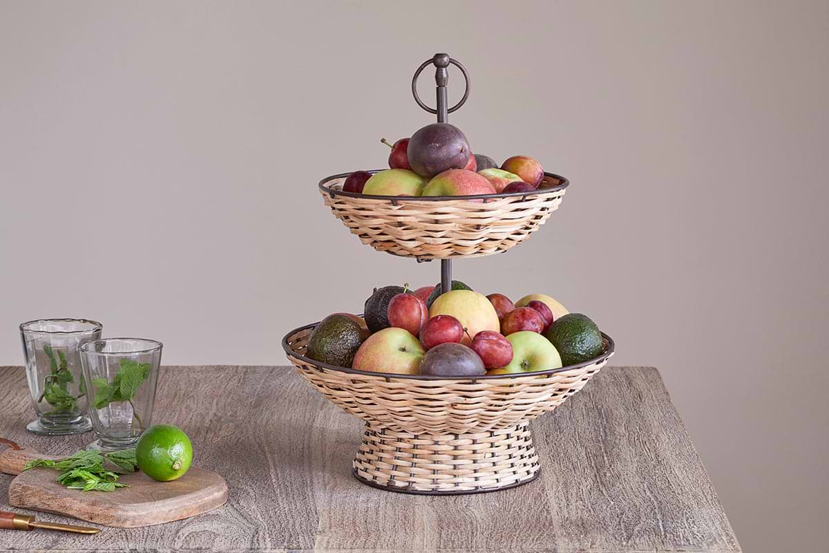 Montali Rattan 2 Tier Fruit Stand - Black & Natural-SERVEWARE-Nkuku