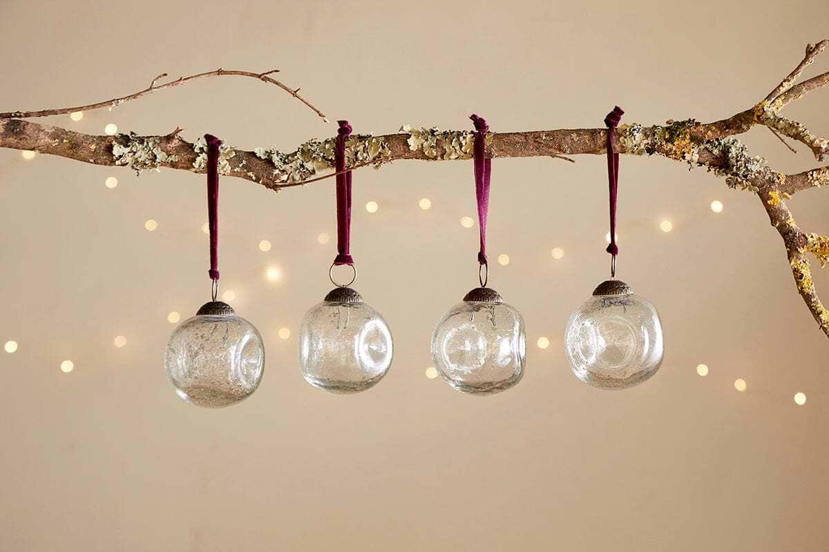 Nishan Pinched Baubles - Clear (Set of 4)-CHRISTMAS DECORATIONS-Nkuku