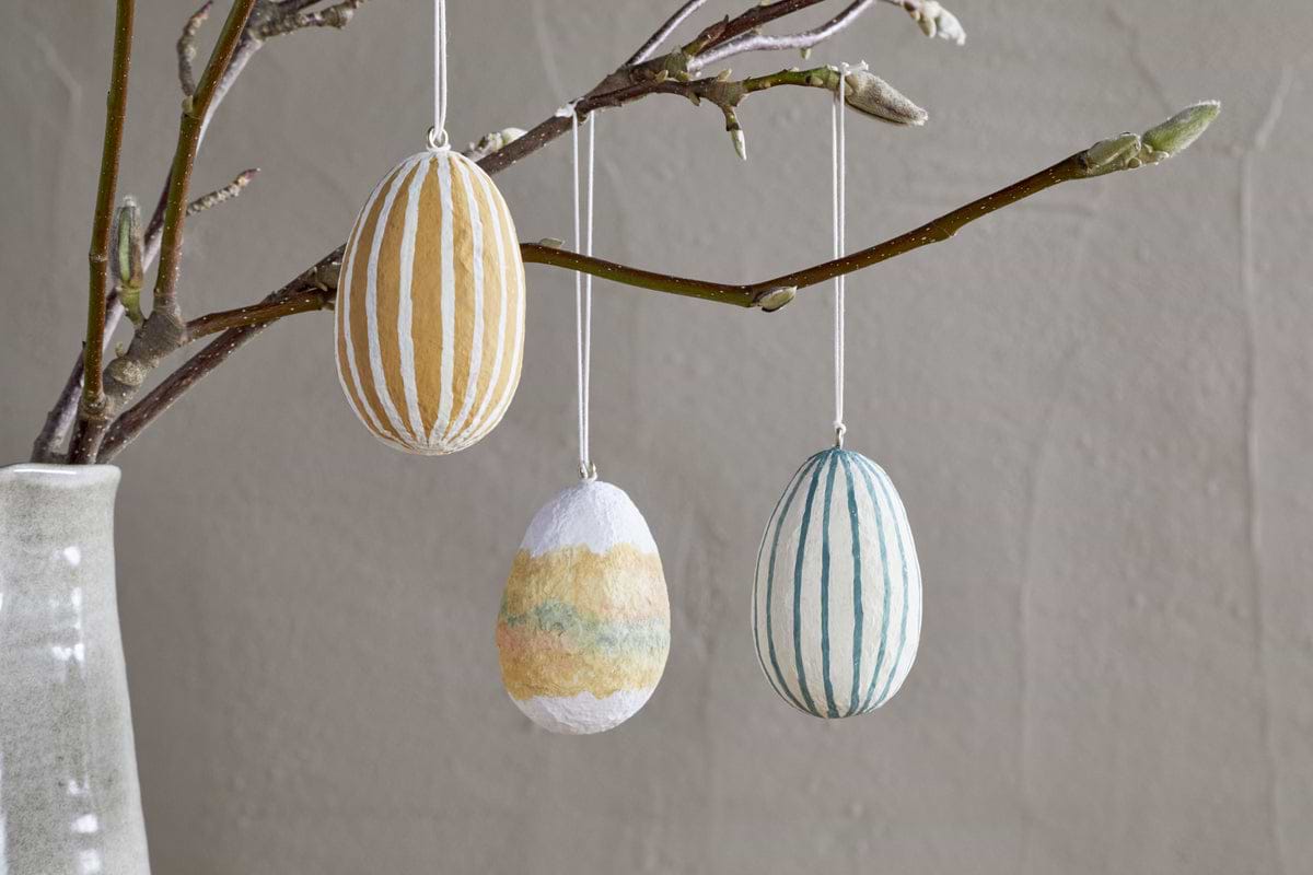 Terra Hand Painted Recycled Cotton Paper Hanging Egg - Teal, Cream & Ochre - (Set of 3)-DECORATIVE ACCESSORIES-Nkuku