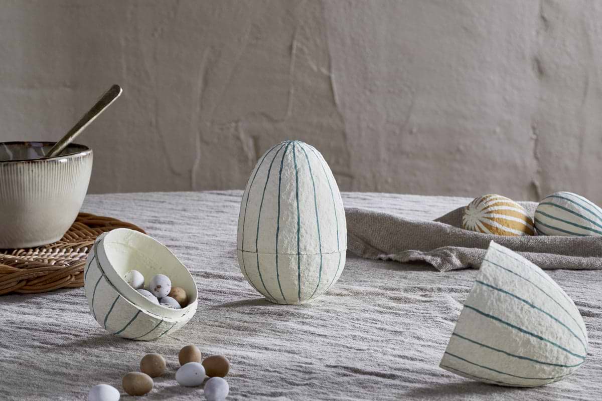Surya Recycled Cotton Paper Standing Opening Egg - Teal & Cream-DECORATIVE ACCESSORIES-Nkuku