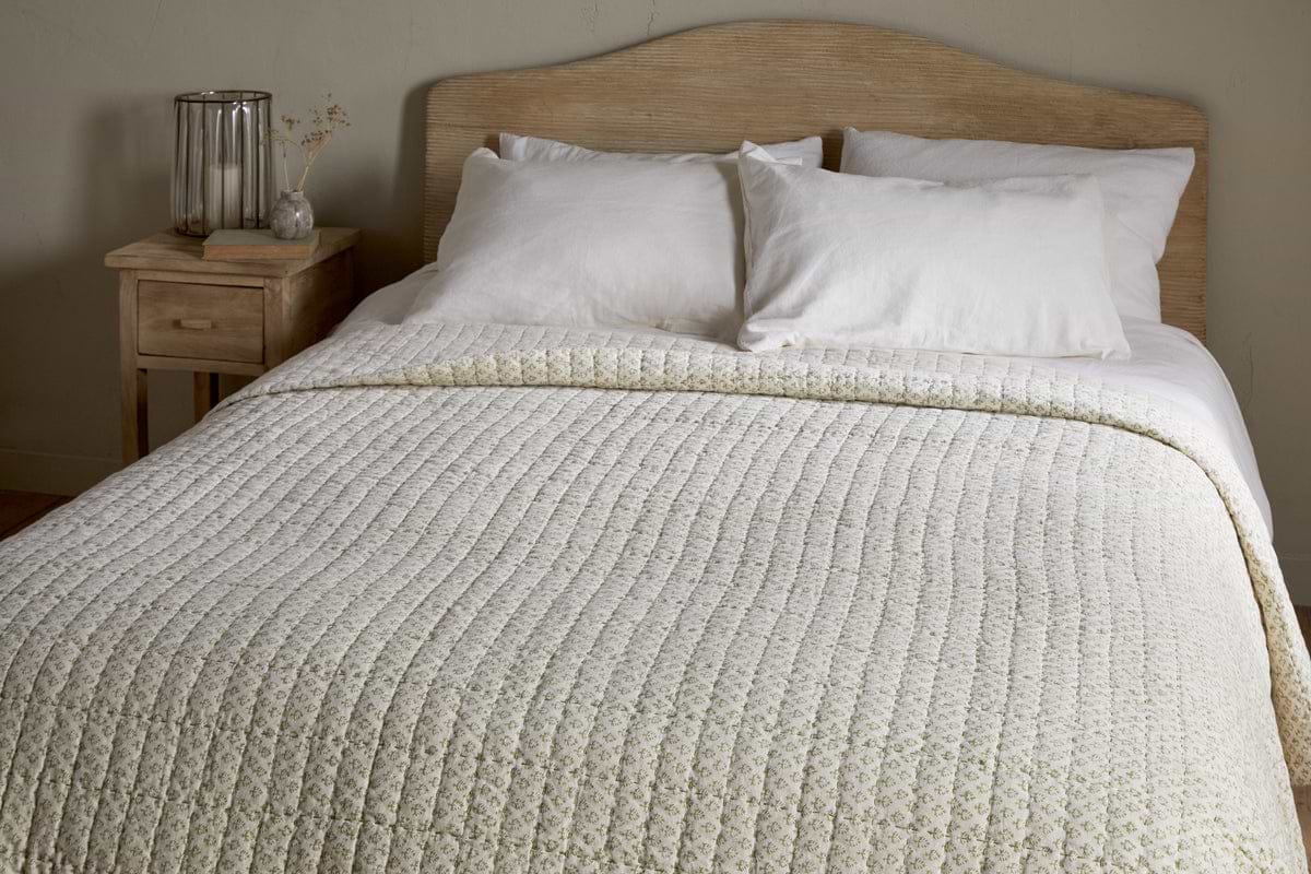 Peplu Cotton & Linen Screen Print Bed Quilt - Sage Green-TEXTILES-Nkuku