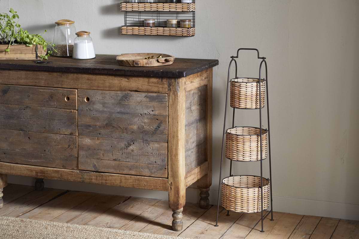Montali Iron & Rattan Three-Tiered Storage Stand - Natural-KITCHEN STORAGE & UTILITY-Nkuku