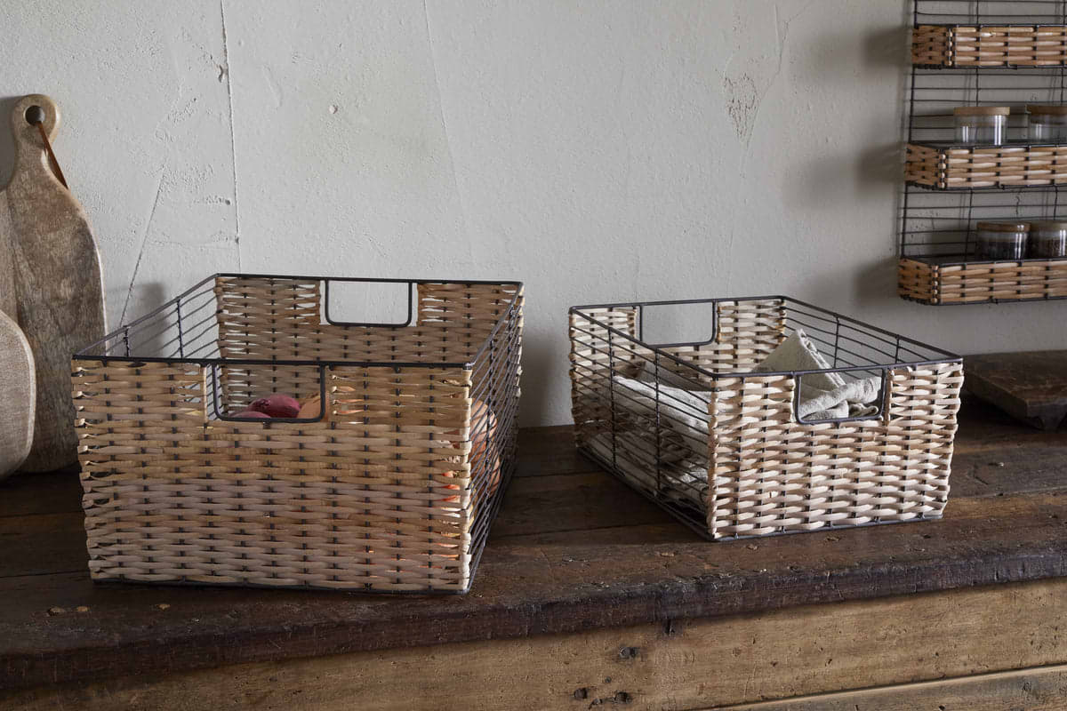 Montali Iron & Rattan Storage Baskets - Natural - (Set of 2)-KITCHEN STORAGE & UTILITY-Nkuku